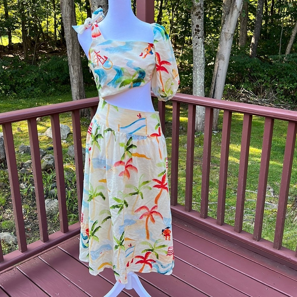 New! Farm Rio Xs Cream Multi Copacabana Midi Cut Out Dress.